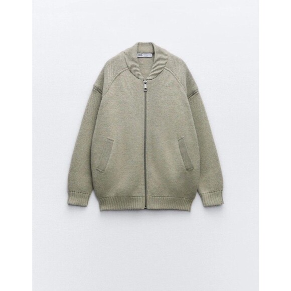 ZARA Sage green WOOL BLEND Side ZIP CARDIGAN SWEATER XL - Picture 1 of 8
